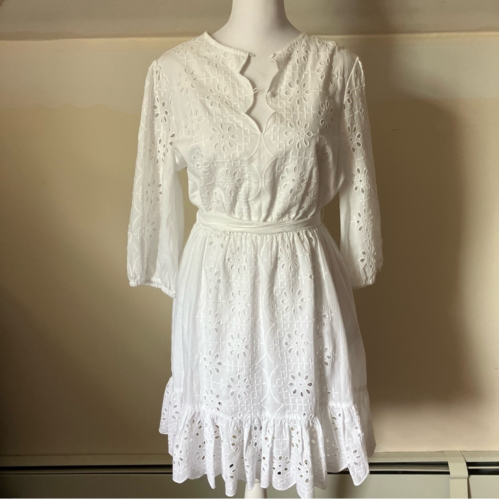 J.Crew White Eyelet Mini Dress | Belted Cotton | Cottagecore Summer size Small - Picture 6 of 12